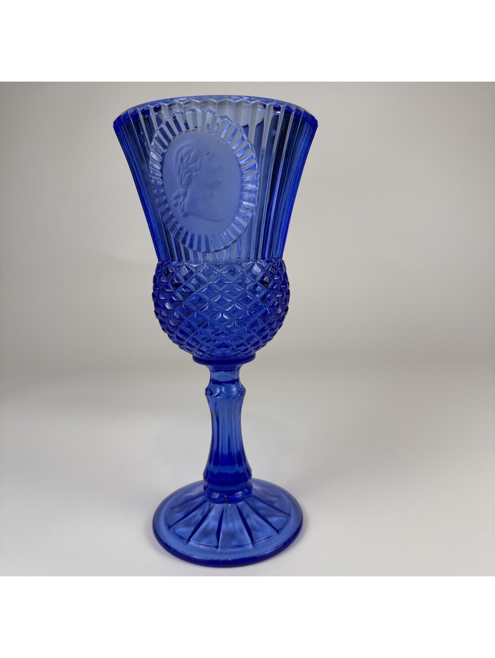Fostoria Avon Martha Washington Goblet 8" Cobalt Blue Pressed Glass Cameo Vase